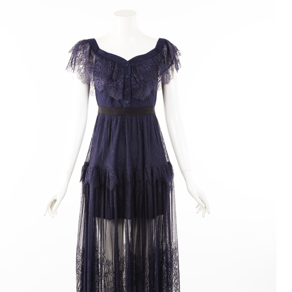 Self-Portrait Navy Blue Lace Off-shoulder Long Dress- UK 8/US 4